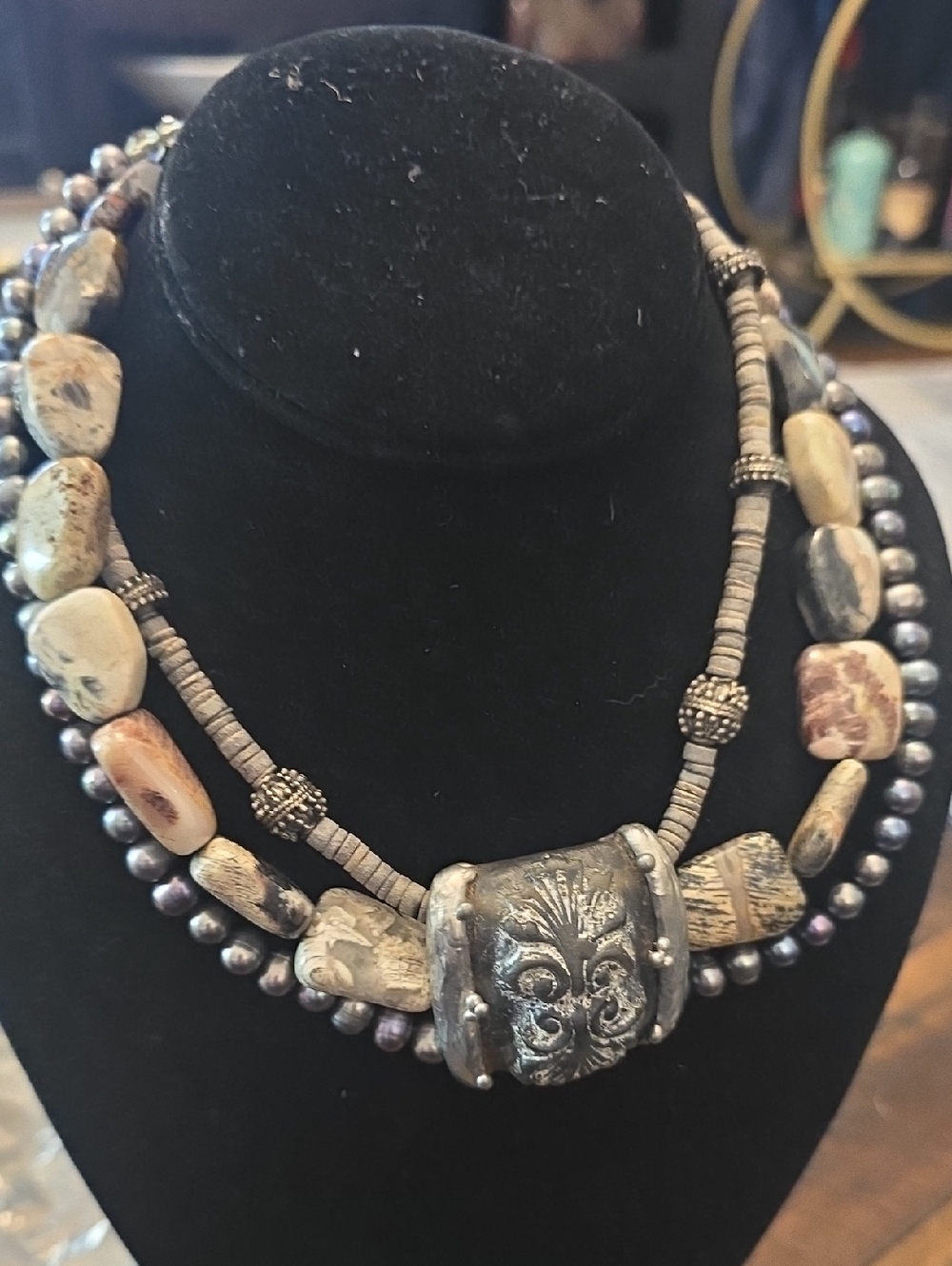 Maya Neutral Stone Multi-Strand Necklace with Silver Focal